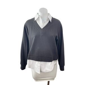 GU White Striped Collared Under Shirt Black V Neck Combo 2-Fre Sweater Top Sz S